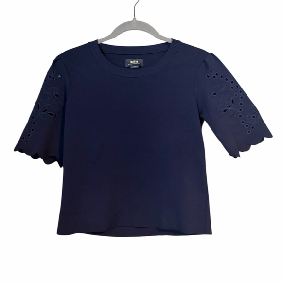 Anthropologie Maeve Twofer Sweater Tee Navy Blue Eyelet Sleeve Top Knit Twee - Picture 2 of 6